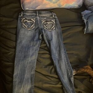 Girls Dark Blue Embellished Heart Pocket Jeans